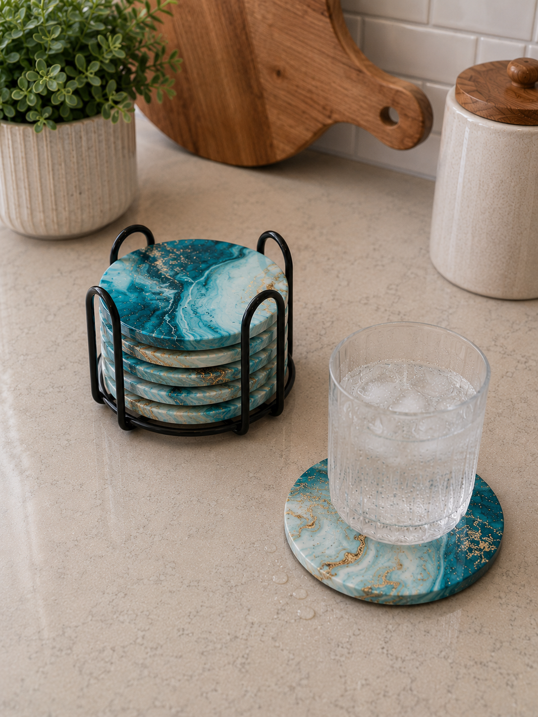 Premium Marble-Inspired Coaster Set (6 Coasters + Stand)