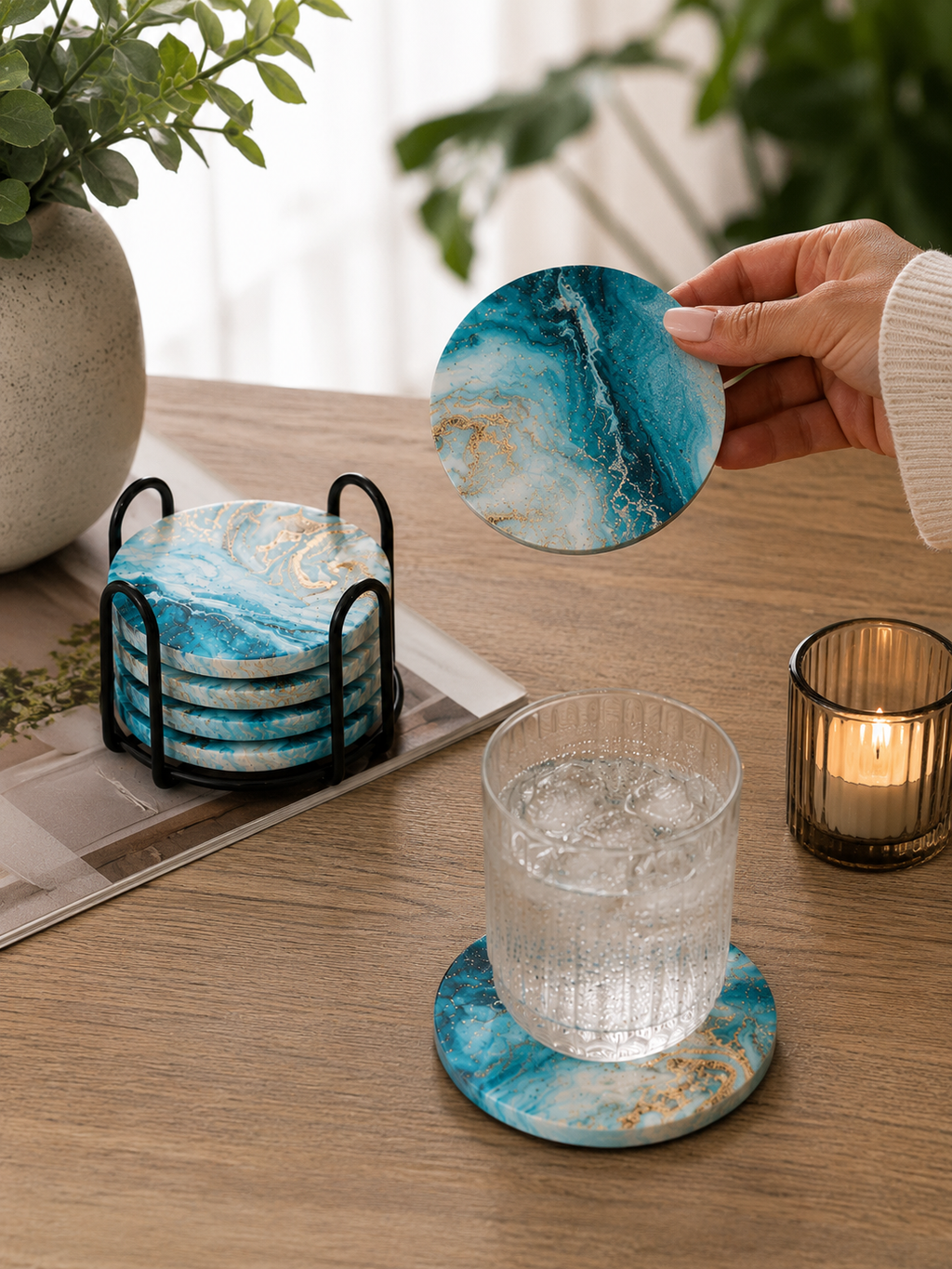 Premium Marble-Inspired Coaster Set (6 Coasters + Stand)